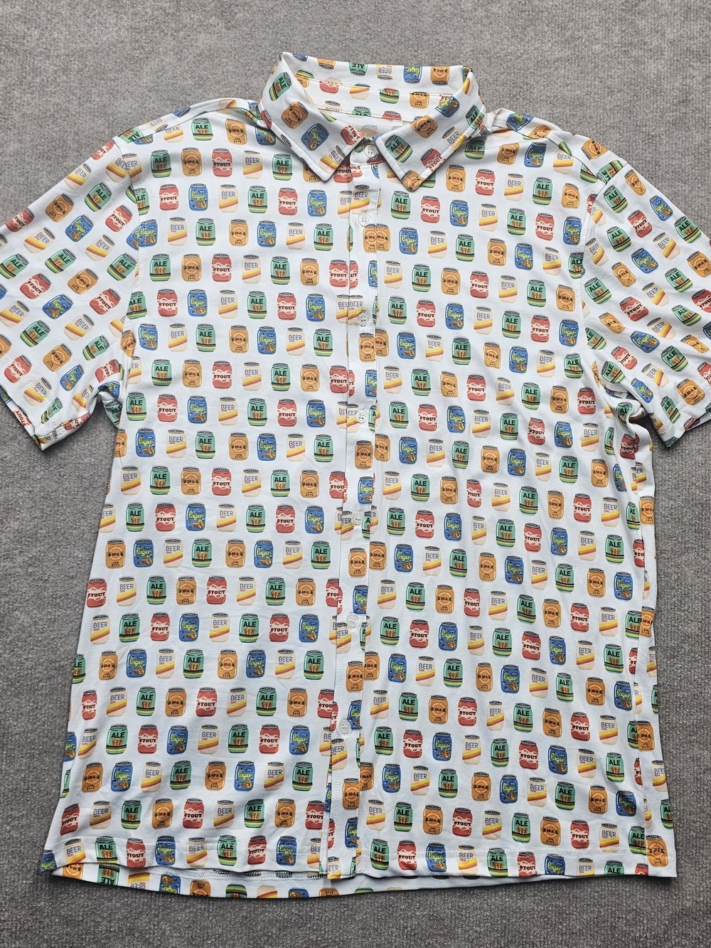 Hallstatt Beer Can Print Button Up Shirt M Graphic Short Sleeve Fun